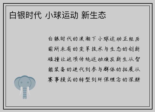 白银时代 小球运动 新生态